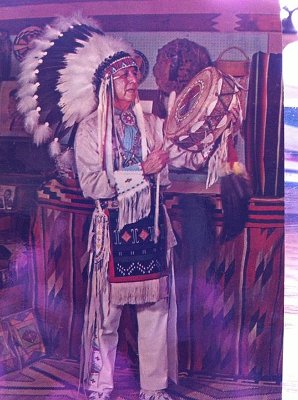 Vintage postcard. Chief Wolf Robe Hunt (Wayne Henry Hunt) owner of the Arrowood Trading Post, Catoosa, OK