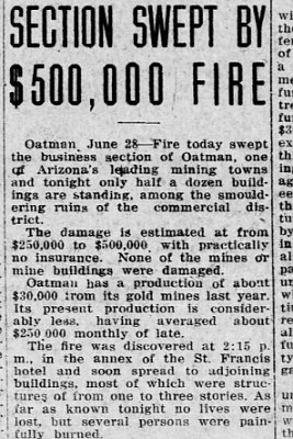 1921-07-01 Copper Era and Morenci Leader - Oatman fire