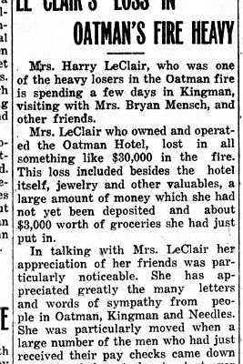 1921-07-08 Mohave Country newspaper page 4 - Oatman fire