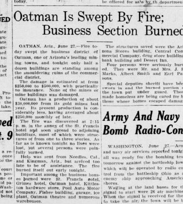 National News! Fire In Oatman Arizona June 27, 1921