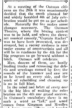 Oatman Fire June 27, 1921! Needles Desert Star 4th of July Celebration will go on! July 01, 1921 page 1