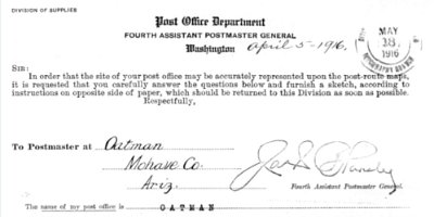 1916-04 Oatman - postoffice application 1