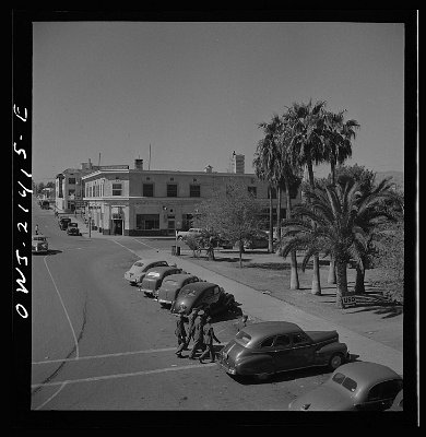 1943 Needles. A general view of a street leading to the depot of the Atchison, Topeka, and Santa Fe Railroad