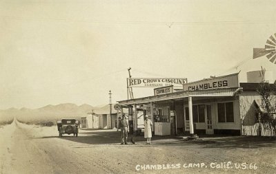 19xx Chambless Postcard view of a Red Crown service station on Route 66 in Chambless, California, circa 1930.