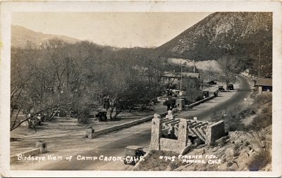 19xx Camp Cajon (2) Birdseye view of Camp Cajon. Frasher Foto postcard. From the collection of Mark Landis.